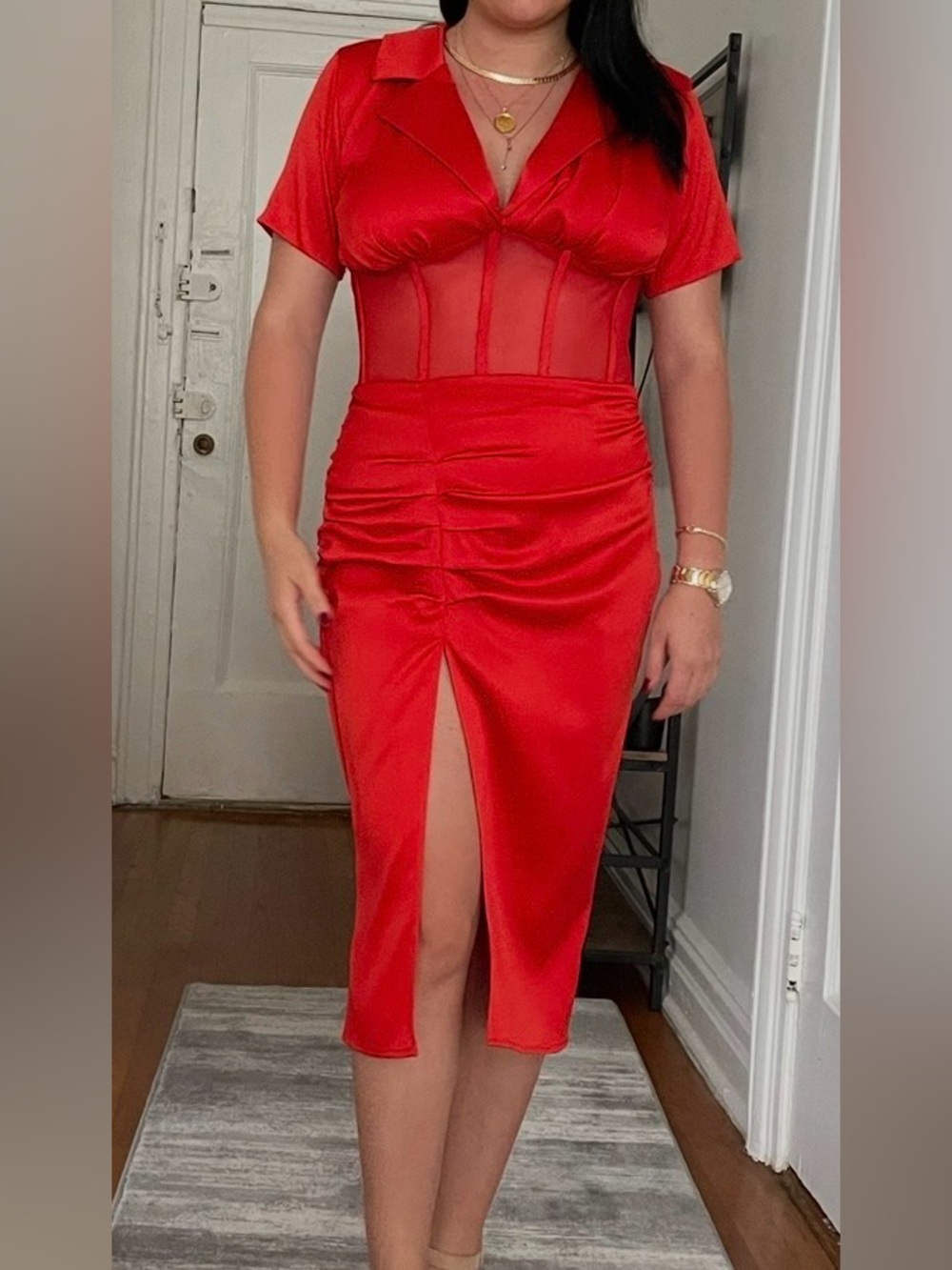 Red Satin & Mesh Women's Intimate Dress
